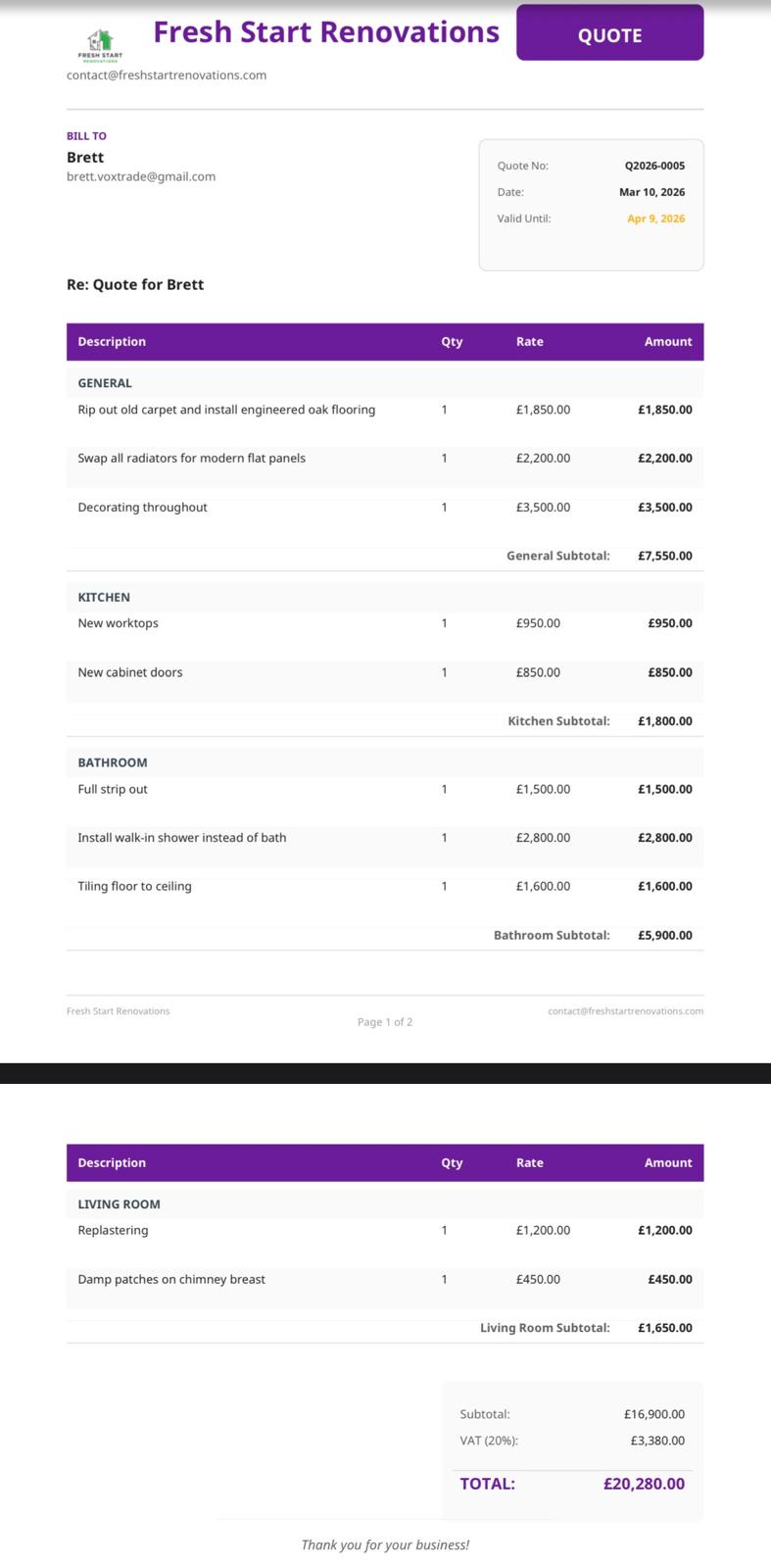 Professional quote generated by VoxTrade — Fresh Start Renovations, £20,460